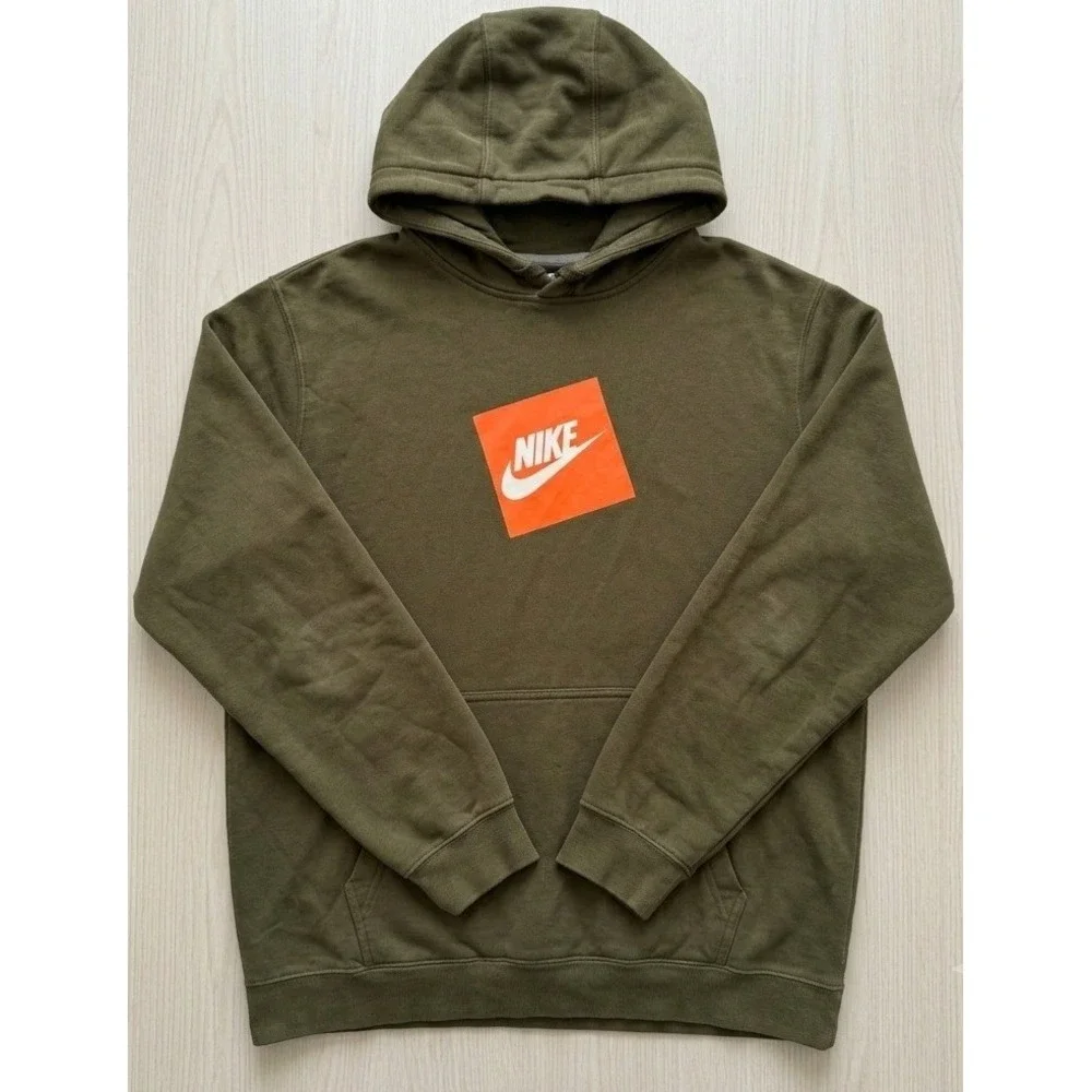 Nike Hoodie Mens Large Olive Green Orange Box Logo Pullover Gorpcore Streetwear